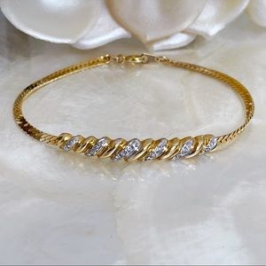 Vintage 80s Gold & Silver Tone CZ Ribbed Bar Bracelet 6.5” Chic Elegant